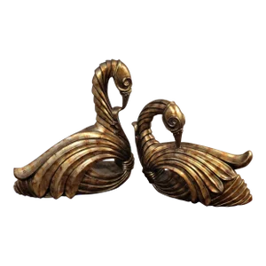 Modern Deco Style Gold Lacquered Swan Bird Statues - a Pair