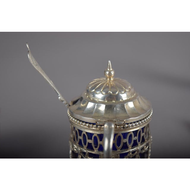 Blue Antique Louis XVI Style Silver and Cobalt Blue Glass Condiment and Cruet Set with Spoons, 1990s, Set of 7 For Sale - Image 8 of 16