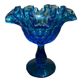 Vintage Fenton Blue Thumbprint Pattern Compote For Sale