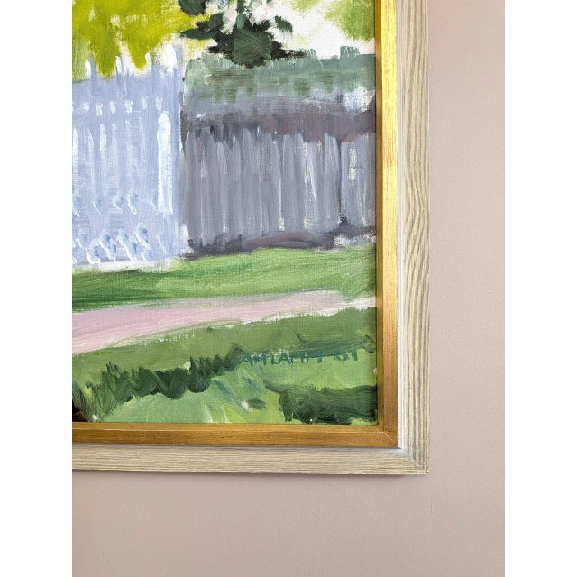1961 Mid-Century Modern 'Garden Gate in Spring' Vintage Original Landscape Oil Painting, Framed For Sale - Image 6 of 10