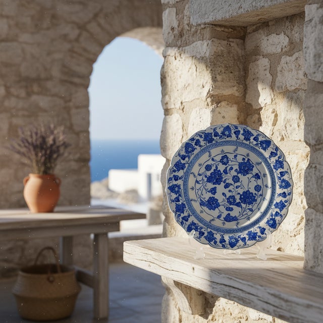 Ceramic Handmade Ceramic Iznik Decorative Platter (Scalloped Rim) Classic Blue and White For Sale - Image 7 of 8