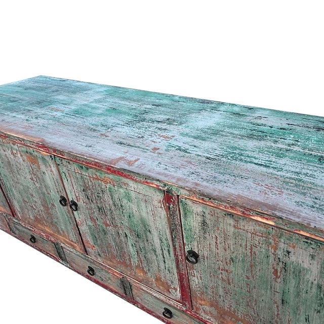 Distressed Refinished Light Teal Green Red Marks Credenza Console Cabinet For Sale In San Francisco - Image 6 of 6