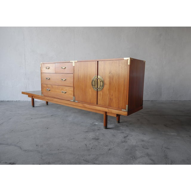 Brown Mid Century Teak Bench With Cabinets - Johnson Furniture For Sale - Image 8 of 8