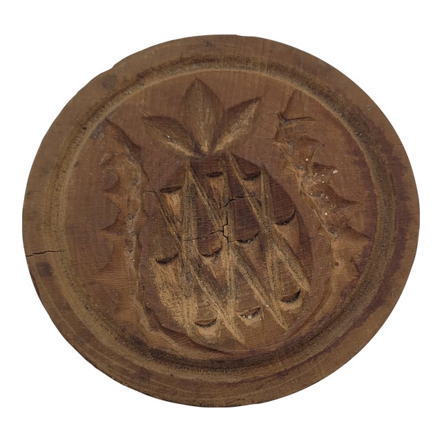 Antique Hand Carved Wooden Butter Mold Stamp Pineapple Motif Primitive Tool For Sale