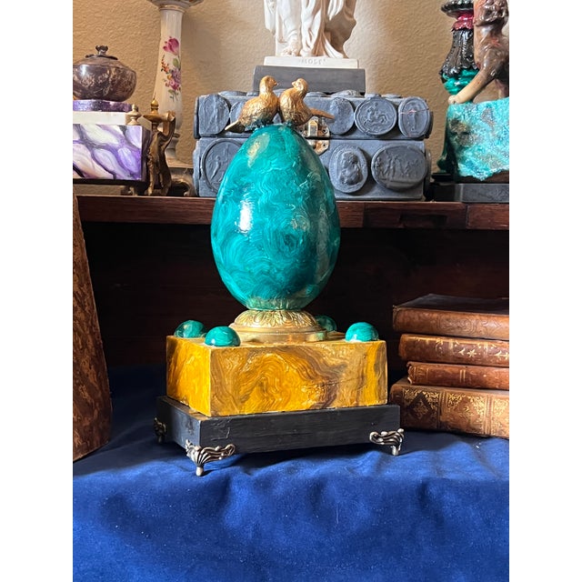 Empire Style Faux Malachite & Sienna Marble Decorative Egg Table Article With Gilt Bronze Doves For Sale - Image 12 of 14