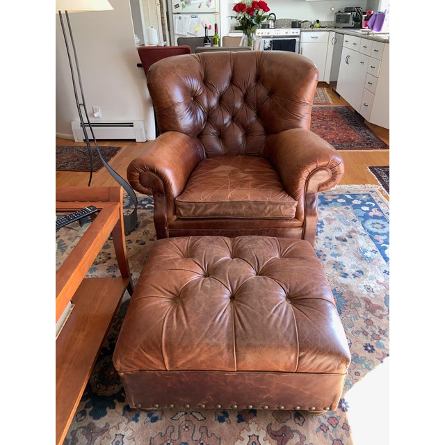 Restoration Hardware Classic Leather Club Chair and Ottoman a Pair