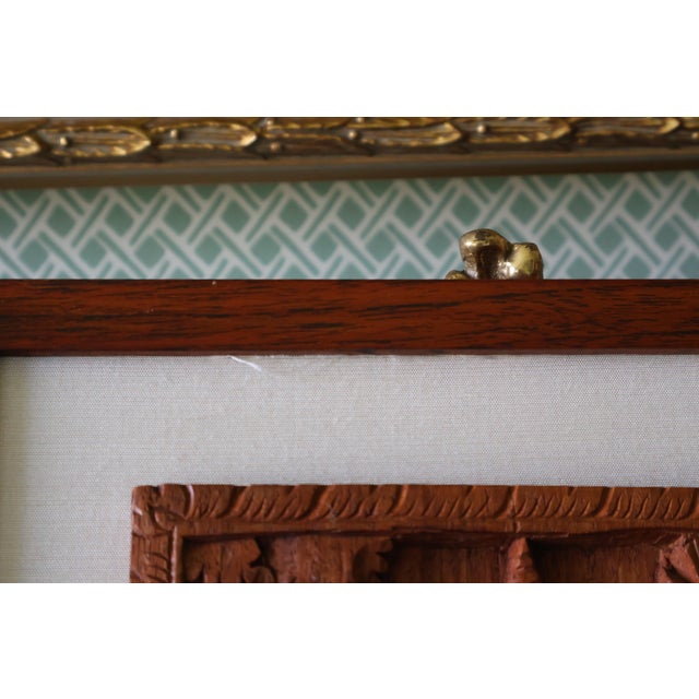 Vintage Southeast Asian Carved Teak Elephant, House & Temple Relief on Silk For Sale - Image 13 of 15