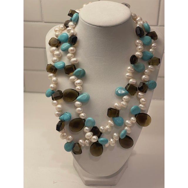 1960s Smoky Quartz, Pearls,aqua, Double Stran Necklace For Sale - Image 4 of 5