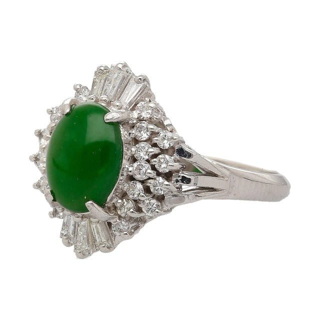 1.73 Carat Jadeite Jade Fei Cui & Diamond Halo Platinum Ballerina Filigree Ring Size 6.5 For Sale - Image 4 of 8