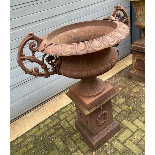 Brown Large Cast Iron Vase with Column For Sale - Image 8 of 11