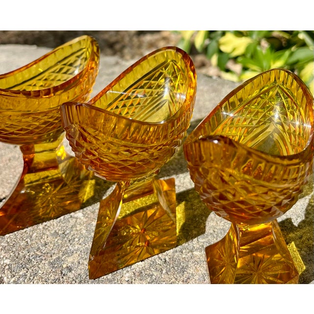 Amber (3) Antique Anglo-Irish Cut Crystal Amber Glass Salt Cellars For Sale - Image 8 of 11