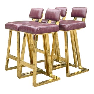 Vintage Mid-Century Modern Brass and Leather Bar Stools - Set of 4 For Sale