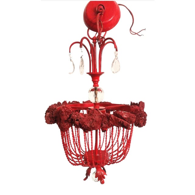 Custom Designer Made One of a Kind Currey & Co Style Real Red Coral Reef Crystal Coastal 4 Light Beaded Chandelier For Sale - Image 9 of 9