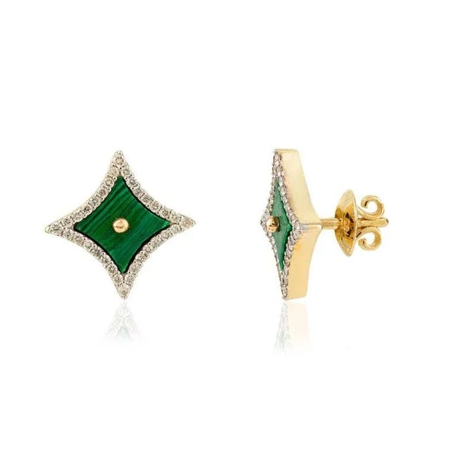 Metal 18k Yellow Gold 5.241ct Malachite Diamond Sparkle Stud Earrings by VRJewels- A Pair For Sale - Image 7 of 11