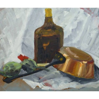 Raymond Bailly, Vintage Oil Still Life - Copper Pot & Artichokes For Sale