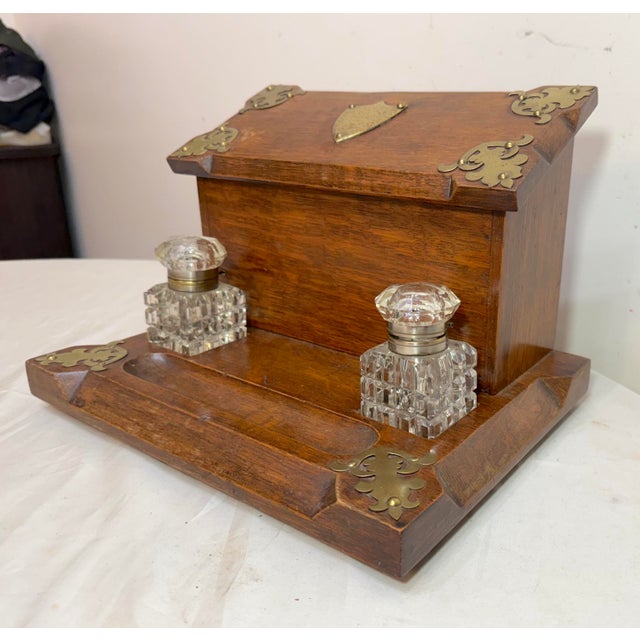 19th Century Antique 19th Century English Wood Oak Bronze Inkwell Desk Letter Writing Stand For Sale - Image 5 of 15