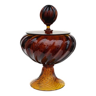 Murano Vintage Dark Amber Sienna Italian Art Glass Ribbed Footed Cookie Candy Jar Container For Sale