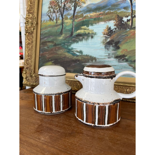 Mid-Century Modern Vintage Mid-Century Modern Midwinter Pottery Creamer and Lidded Sugar Bowl Set, Hand-Painted in England For Sale - Image 3 of 9