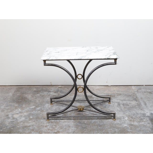 French Midcentury Steel and Bronze Console Table with White Veined Marble Top For Sale - Image 4 of 12