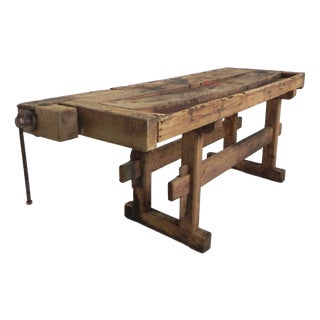 Industrial Wooden Workbench with Vice, 1930s For Sale