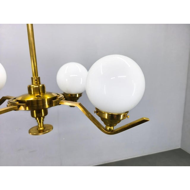 1930s Adjustable Art Deco Brass Chandelier with Milk Glass, 1930s For Sale - Image 5 of 16