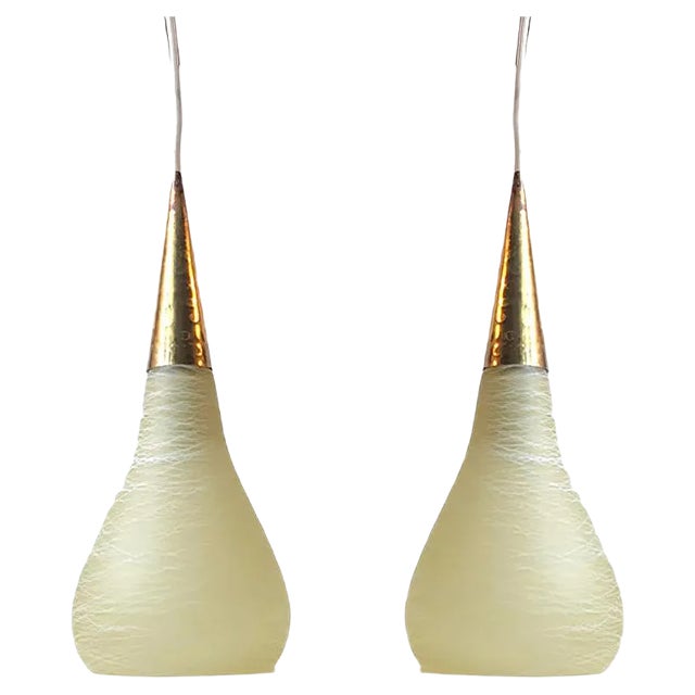 Vintage Italian Threaded Glass & Brass Pendant Lights, 1970s, Set of 2 For Sale