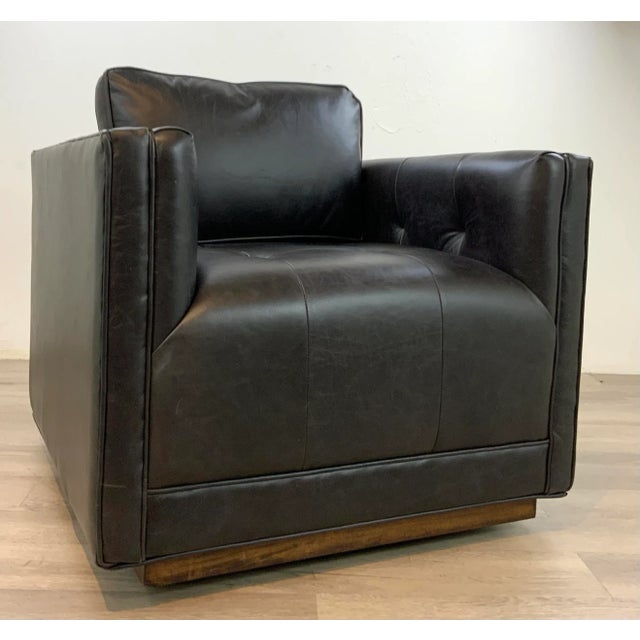 Stylish Modern Square Back Black Leather Swivel Chairs Pair, wood base, the crackled vintage style leather has a sable...
