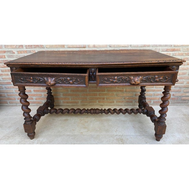 French Carved Wood Writing Table With Barley Twist Legs, Mid-20th Century For Sale - Image 9 of 17