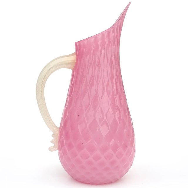 Late 20th Century Murano Vintage Pink White Opal Gold Flecks Diamond Quilted Surface Italian Art Glass Pitcher Flower Vase For Sale - Image 5 of 12