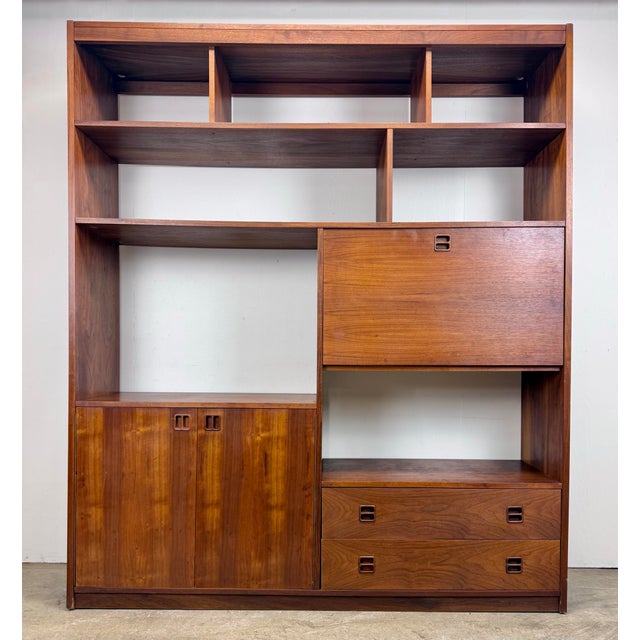 Mid Century Danish Modern Style Walnut Wall Unit / Bookcase / Writing Desk / Cabinet For Sale - Image 12 of 12