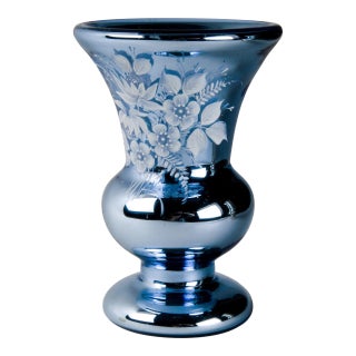 Mid 20th Century Victorian Mercury Glass Vase With Hand Painted Flowers For Sale
