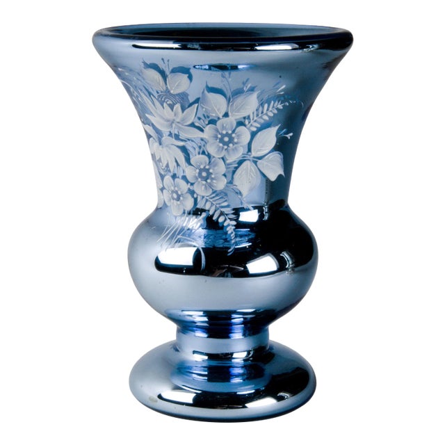 Mid 20th Century Victorian Mercury Glass Vase With Hand Painted Flowers For Sale