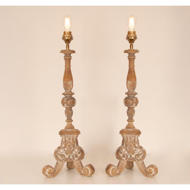 Vintage French Country Lamps Wood Turquoise Linen Lampshades a Pair For Sale - Image 9 of 11