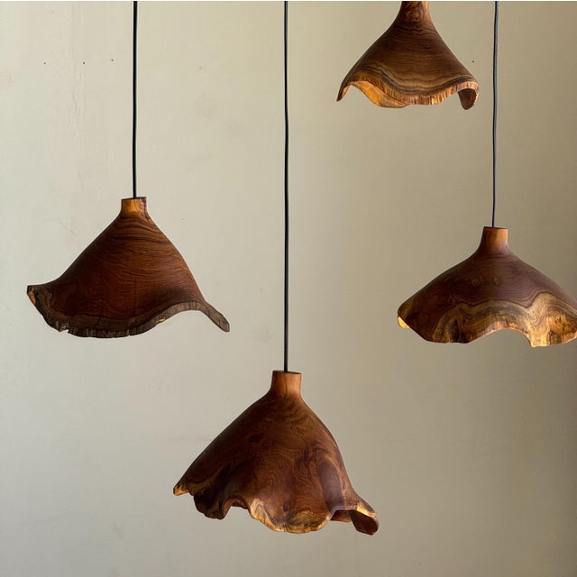 Brown Small Organic Teak Pendant Light with Hat, 1980s For Sale - Image 8 of 18