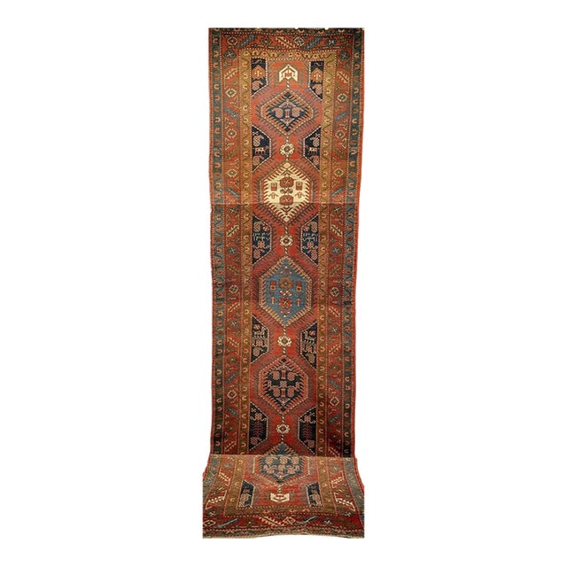 Vintage Heriz Serapi Runner, Hand-Knotted Wool, Geometric Pattern, Terracotta & Navy, 3x16 For Sale