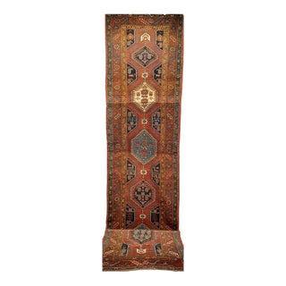 Vintage Persian Heriz Serapi Runner, Hand-Knotted Wool, Geometric Pattern, Terracotta & Navy, 3x16 For Sale