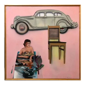 Joshua Griffit, Israeli Pop Art Large Vintage Antique Auto Pink Oil Painting Americana 1989