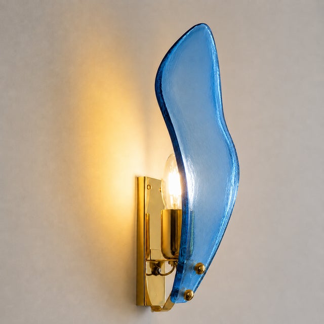 Luxury Italian Light Blue Sanded Leaf Murano Glass Wall Sconces, 4 Pieces For Sale - Image 6 of 9