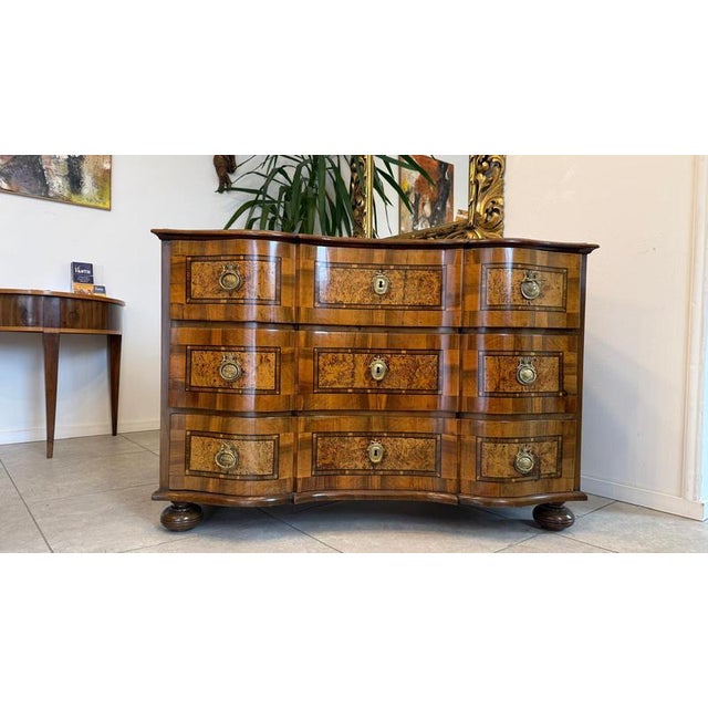 Baroque Chest of Drawers in Fruitwood Marquetry and Walnut For Sale - Image 13 of 18