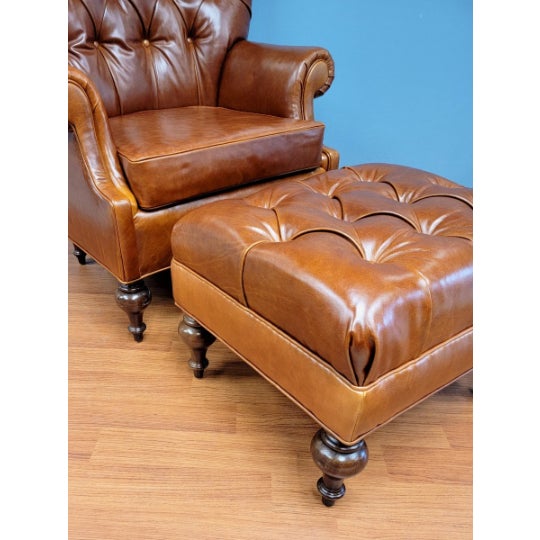 Vintage English Chesterfield Tufted Chair and Ottoman Newly Upholstered