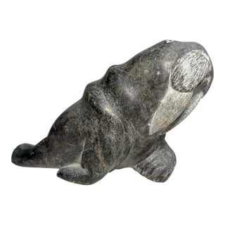 Big Antique Hand Carved Soapstone Canadian Eskimo Walrus Sculpture Inuit Statue For Sale