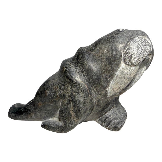 Big Antique Hand Carved Soapstone Canadian Eskimo Walrus Sculpture Inuit Statue For Sale