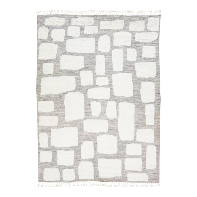 Grey Modern Moroccan Style Handmade Ivory Designed Wool Rug by Apadana For Sale