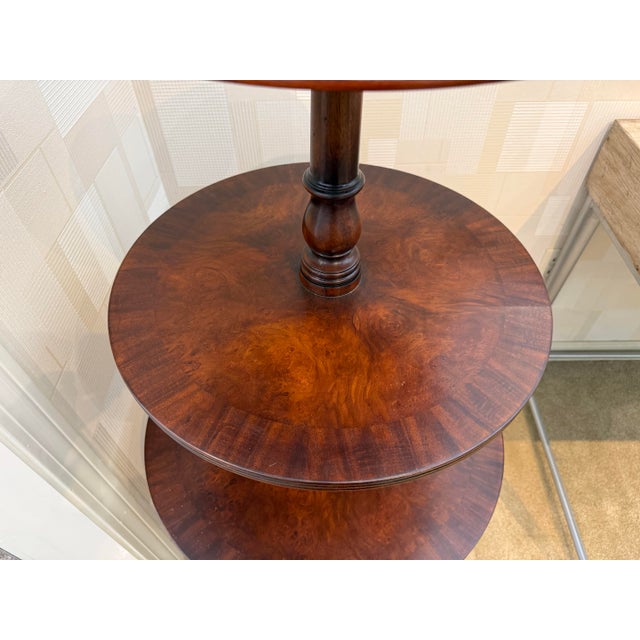 Vintage Mahogany Three-Tier Dumbwaiter Table With Round Shelves on Tripod Base For Sale - Image 4 of 8