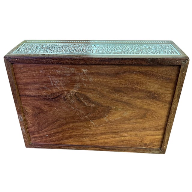 Wood 1990s Indian Mughal Teak Wood Dowry Jewelry Box White Inlay Anglo India Lock Key Vintage For Sale - Image 7 of 12