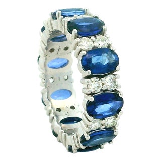 18k White Gold Thai Sapphire and Diamond Eternity Band, Size 6.5 For Sale