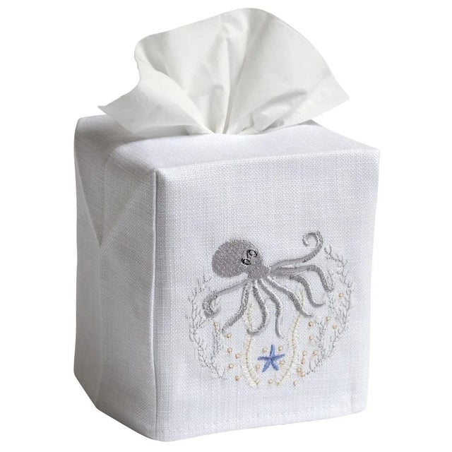 2020s Pewter Octopus Tissue Box Cover in White Linen & Cotton, Embroidered For Sale - Image 5 of 6