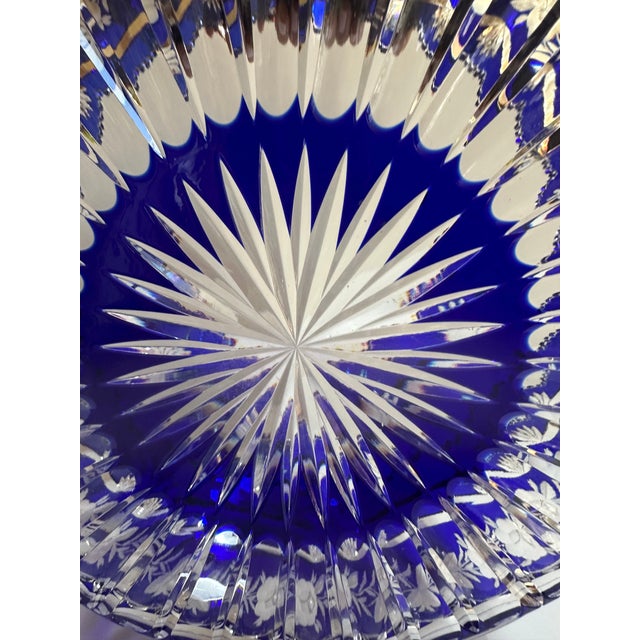 Mid-Century Modern Mid 20th Century Czech Bohemian Cobalt Blue Cut to Clear Crystal Centerpiece Bowl For Sale - Image 3 of 18