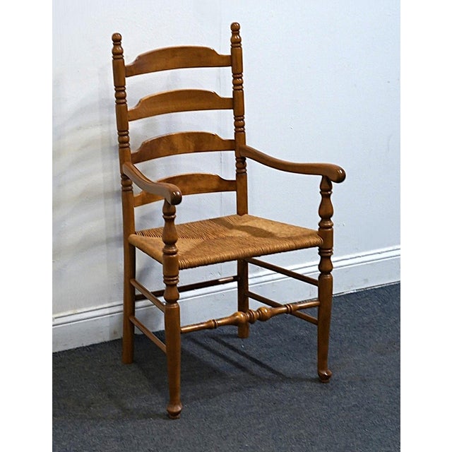 Ethan Allen Ethan Allen Heirloom Nutmeg Maple Colonial Early American Ladderback Dining Arm Chair W. Rush Seat 10-6050a For Sale - Image 4 of 9