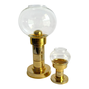 Mid Century Fohl Germany Spring Loaded Brass Candle Holders Glass Globe Luminary a Pair